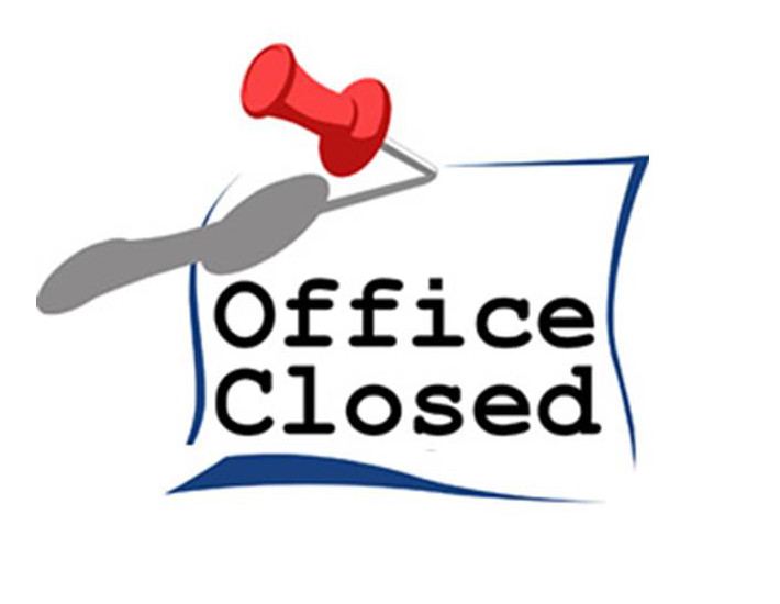 image of note with a red push pin and the words Office closed